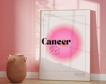 CANCER Zodiac Wall Art Print Pink Aura Poster | Astrology Wall Art DIGITAL DOWNLOAD | Pastel Danish Astrology Gift