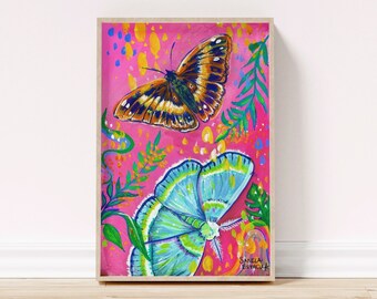 Neon Butterfly Moth Art Print | Tropical Gouache Painting Satin Poster