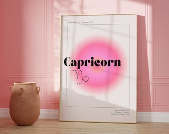 CAPRICORN Zodiac Wall Art Print Pink Aura Poster | Astrology Wall Art Minimalist DIGITAL DOWNLOAD | Pastel Danish Astrology Gift