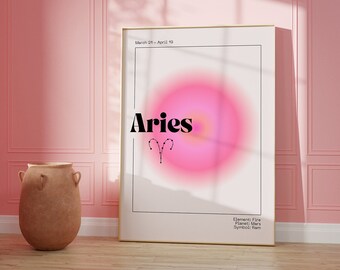 ARIES Zodiac Art Print Pink Aura Poster | Astrology Wall Art DIGITAL DOWNLOAD | Pastel Danish Astrology Gift