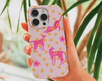 Pink Cheetah iPhone Case Eclectic Trendy Floral Phone Case | iPhone 14, iPhone 13, iPhone 11, iPhone 12 | Maximalist Aesthetic Phone Case
