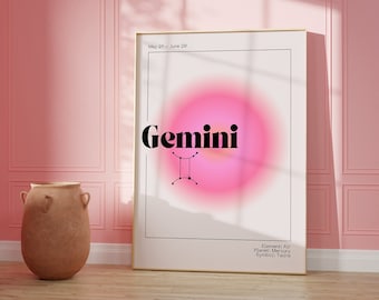 GEMINI Zodiac Wall Art Print Pink Aura Poster | Astrology Wall Art Minimalist DIGITAL DOWNLOAD | Pastel Danish Astrology Gift