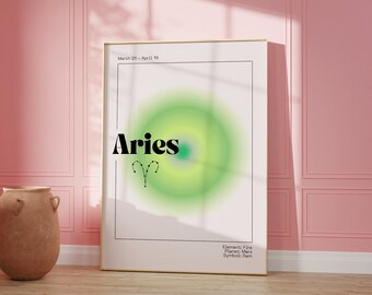 ARIES Zodiac Art Print Green Aura Poster | Astrology Wall Art DIGITAL DOWNLOAD | Pastel Danish Astrology Gift
