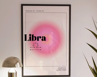 LIBRA Zodiac Wall Art Print Pink Aura Poster | Astrology Wall Art Minimalist DIGITAL DOWNLOAD | Pastel Danish Astrology Gift