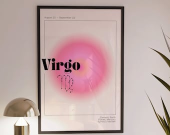 VIRGO Zodiac Wall Art Print Pink Aura Poster | Astrology Wall Art Minimalist DIGITAL DOWNLOAD | Pastel Danish Astrology Gift