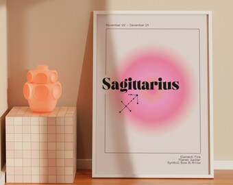 SAGITTARIUS Zodiac Wall Art Print Pink Aura Poster | Astrology Wall Art Minimalist DIGITAL DOWNLOAD | Pastel Danish Astrology Gift