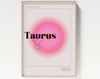 TAURUS Zodiac Wall Art Print Pink Aura Poster | Astrology Wall Art Minimalist DIGITAL DOWNLOAD | Pastel Danish Astrology Gift