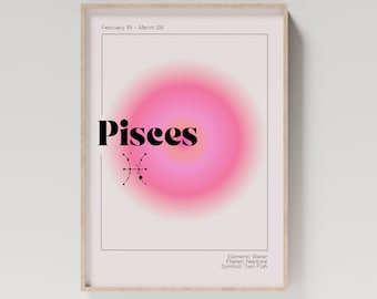 PISCES Zodiac Wall Art Print Pink Aura Poster | Astrology Wall Art Minimalist DIGITAL DOWNLOAD | Pastel Danish Astrology Gift