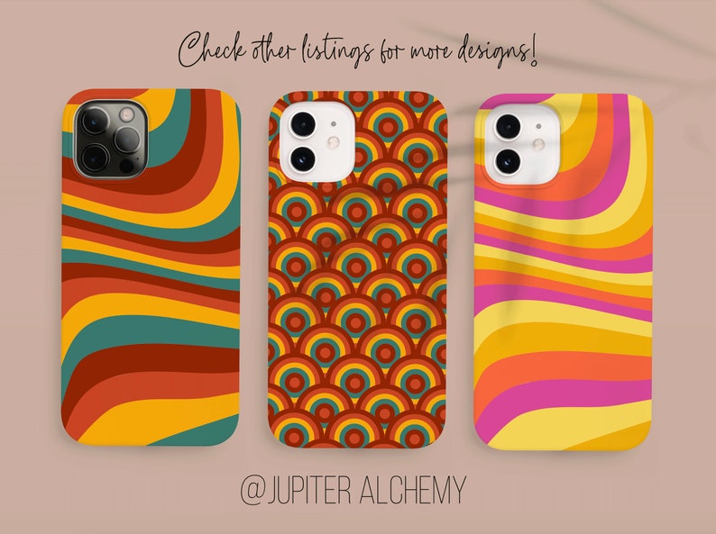 May include: Three different phone cases with retro-inspired designs. The cases feature a wavy pattern in shades of orange, yellow, red, and green. The text "Check other listings for more designs!" is at the top of the image. The text "@JUPITER ALCHEMY" is at the bottom of the image.
