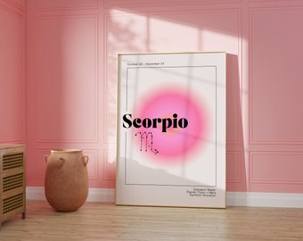 SCORPIO Zodiac Wall Art Print Pink Aura Poster | Astrology Wall Art Minimalist DIGITAL DOWNLOAD | Pastel Danish Astrology Gift