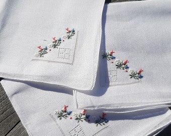 Set of 3 French antique white  linen  Handkerchief ,   blue and red floral hanky,hand embroidered, never used, 12 available
