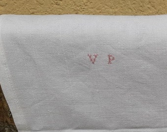 French antique white linen dish towel, monogrammed VP, monogram VP, linen tea towel