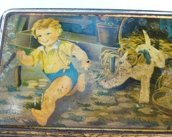 French antique tin  box  boy with a black and white dog  decor, little baby boy decor, biscuits box,chocolate box