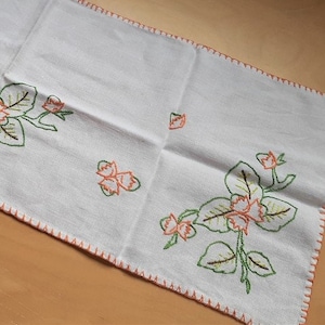 French antique white linen table runner, hand made embroidered doily , green orange  floral decor