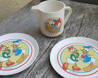 French vintage Disney  doll plates and pitcher, Donald and Daisy  dinette, miniature plates and jug