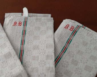 French vintage basque dish towel , red and green stripes dish towels,monogramed AB, monogram AB, large tea towel