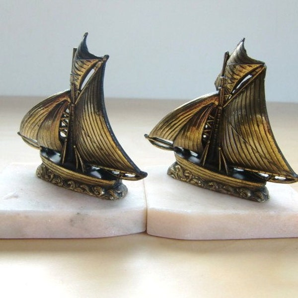 French vintage sailing boats Bookends, white marble base antique books end art deco