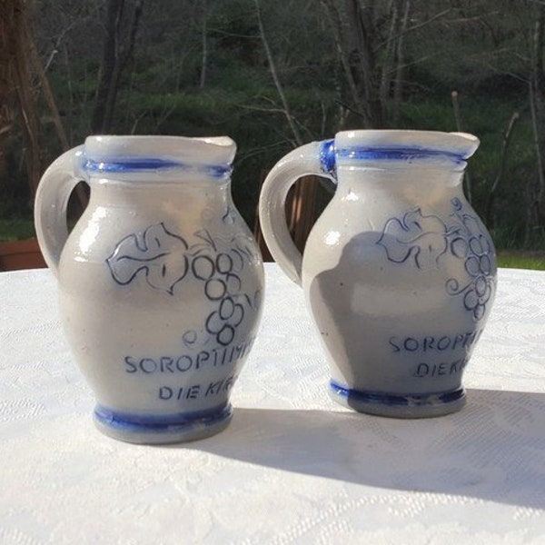 German vintage salt glazed pitcher or jug for Kirsch,, grey and blue stoneware pitcher, small liquor pitcher