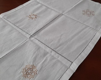 Christmas  white linen  table runner, embroidered golden stars and snowflakes , french vintage table runner,