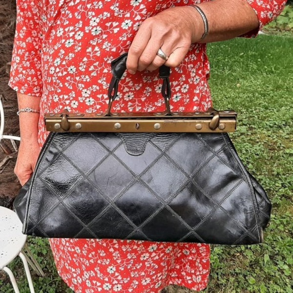 French vintage  black  patchwork  hand bag   , genuine leather, golden frame