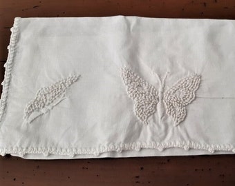 french antique white linen napkin case or hankies pouch, white butterfly  decor, hand made crochet trim , napkin holder