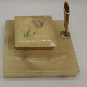 French vintage onyx pen holder  and trinket box  with hand painted floral decor, lady desk set