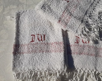 French antique terry bath towel, monogram DW, white terry towel with fringes