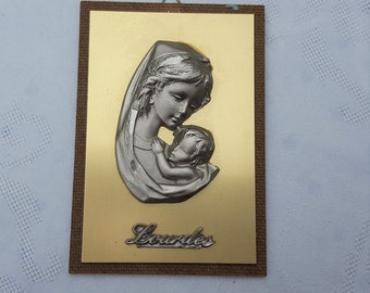 Lourdes Holy Mary and Jesus Child plaque,  pewter Lourdes souvenir, French vintage religious plaque