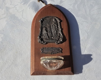 Lourdes Antique French wooden holy water font, virgin holy mary plaque , Lady of Lourdes,religious catholic benitier