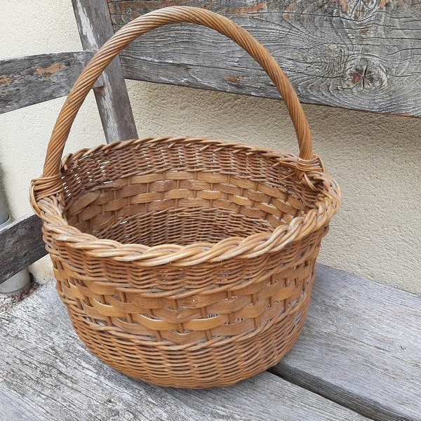 panier en osier tissé vintage français, panier de pique-nique vintage