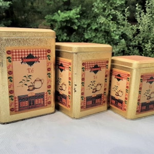 Set of 3 Vintage stackable tin boxes, golden and  and red  tea tin box, 2 sets available