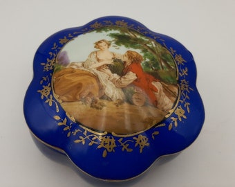 French Vintage porcelain trinket box,  blue and golden romantic couple decor,    blue porcelain box,