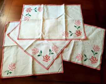 Set of 4 French antique off white linen table centers or doilies, hand made embroidered with red and pink floral decor