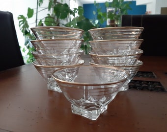 Set di 4 o 5 ciotole da dessert in vetro trasparente vintage francese, coppe per gelato alla frutta, bordo dorato e 3 bordi dorati