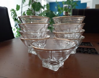 French Vintage  clear glass dessert bowls, set of 4 or set of 5, fruits ice cream cups ,  golden edge and 3 golden borders