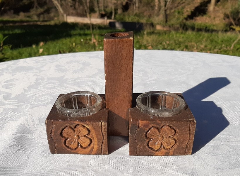 Français Pots de Pincée Sel et Poivre en Verre Clair Vintage avec Support Bois, Ensemble Porte-Pots