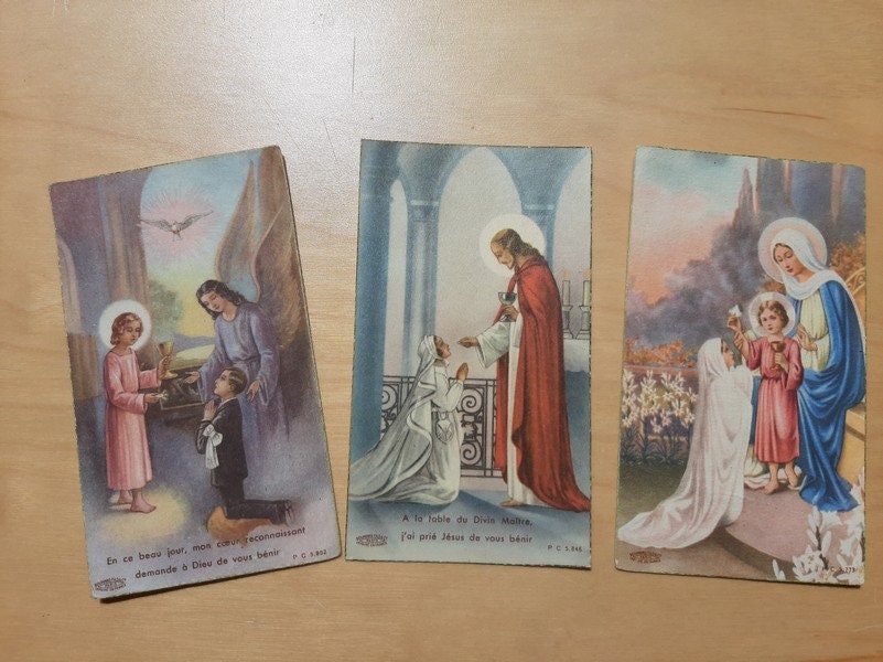 1950 Français Vintage Catholic Holy Cards - Premières Cartes Saintes de Communion, Souvenir Catholiq