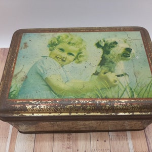 French antique tin  box  boy with a little girl and a dog  decor,  biscuits tin box