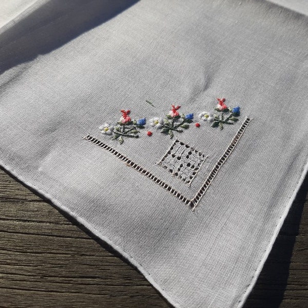 Set of 3 French antique white  linen  Handkerchief ,   blue and red floral hanky,hand embroidered, never used, 12 available