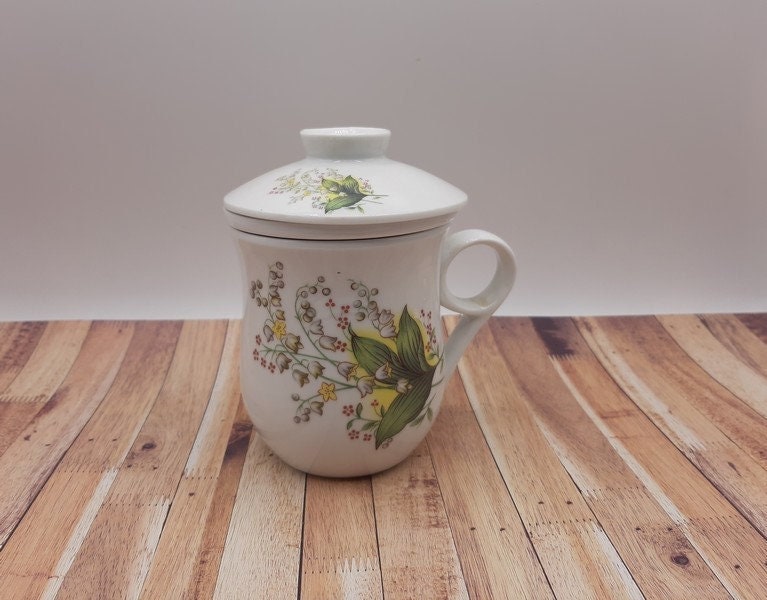 Français Tasse à Thé Vintage avec Infuseur et Couvercle, en Céramique Blanche Décor de Muguet, Infus