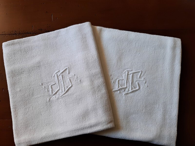 Ensemble de 6 Serviettes Français en Lin Damassé Blanc Antique, Monogramme Brodé à La Main Jc, Servi