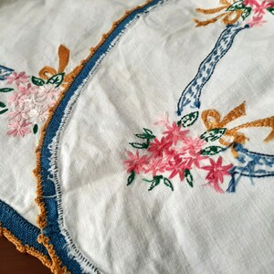 Puede incluir: Tela de lino blanco con dise&ntilde;os florales y de cintas bordadas. El bordado presenta flores rosas, hojas verdes y detalles de cintas azules y doradas. Los bordes est&aacute;n ribeteados con un borde de ganchillo azul y dorado.
