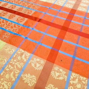 french  vintage damasked tablecloth  , yellow  red orange  tablecloth,
