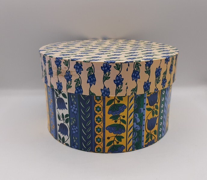 French vintage provencal cardboard box,  blue and  yellow floral  box , provencal  decor,