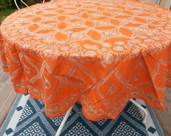 Vintage embroidered orange  linen tablecloth ,embroidered  with beige floral decor,