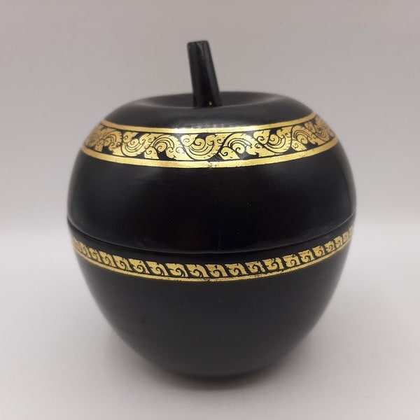 Thailand vintage wooden lacquered box ,black lacquered , apple shaped box  hand painted golden  decor, jewelry trinket box,