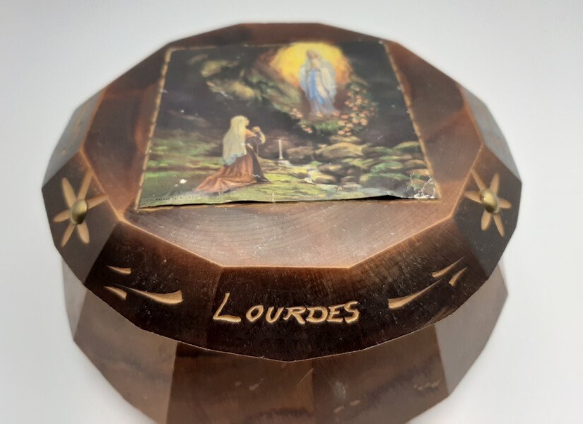 Lourdes Boîte en Bois, Français de Bibelots Bois Vintage, Souvenir Lourdes