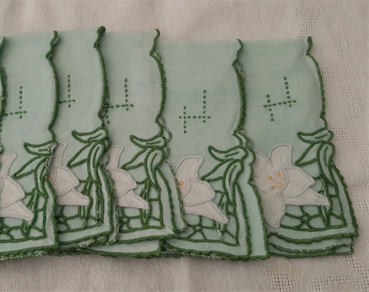Lot de 6 Français Serviettes en Lin Vert Menthe Antiques Appliques Brodées à La Main, Broderies Rich