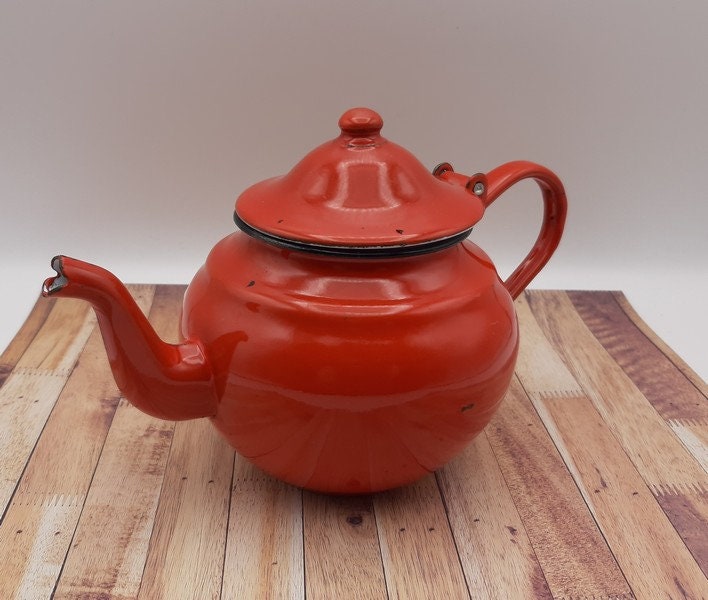 Français Bouilloire en Émail Rouge Vintage, Théière Vintage Japy. Pot Émaillé, Décor de Cuisine