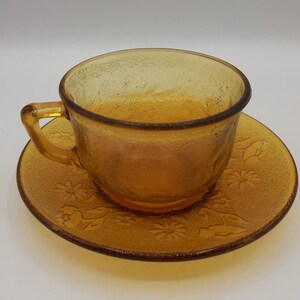 French Vintage Amber coffee Cup with saucer, floral decor, amber glass coffee cup
